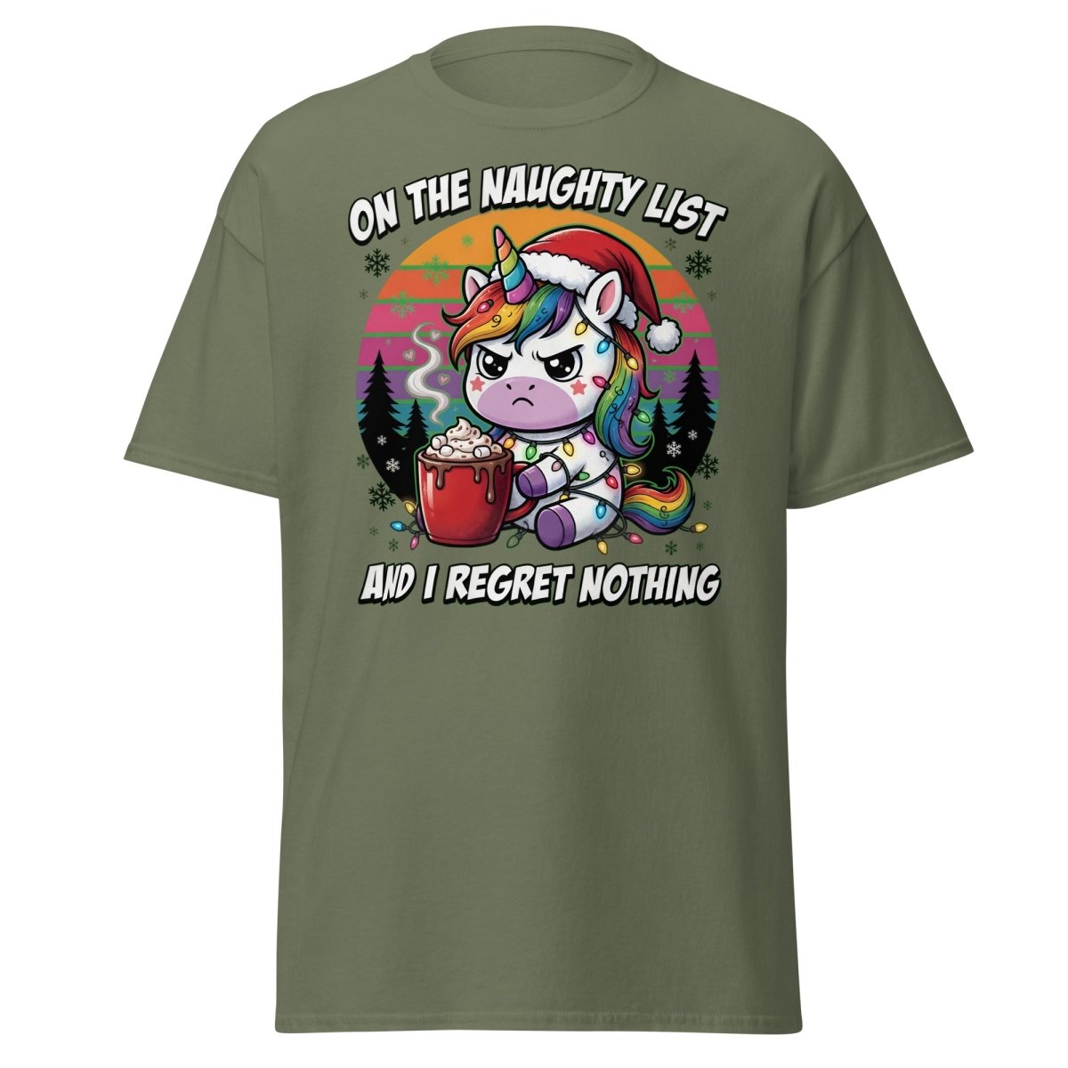 Naughty List Unicorn Christmas T-Shirt - Military Green - TeeRipple