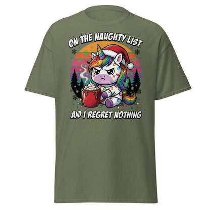 Naughty List Unicorn Christmas T-Shirt - Military Green - TeeRipple