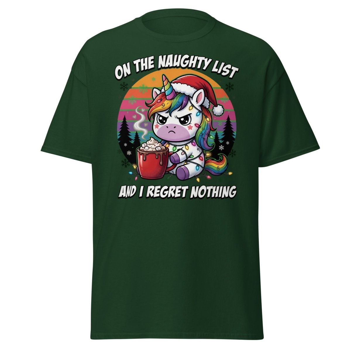 Naughty List Unicorn Christmas T-Shirt - Forest Green - TeeRipple