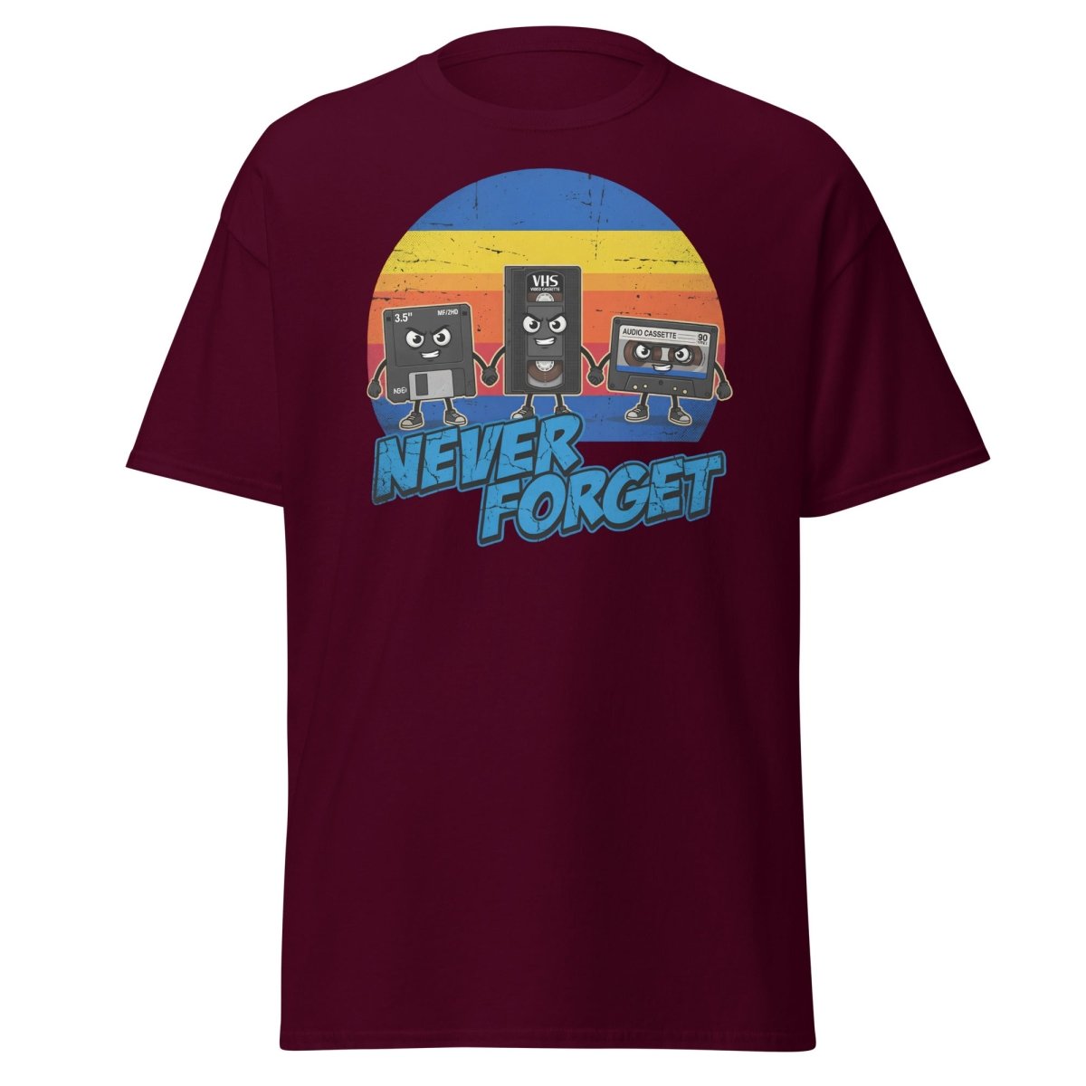 Never Forget 80s Tech T-Shirt - Retro VHS Floppy Disk Tee - Maroon - TeeRipple
