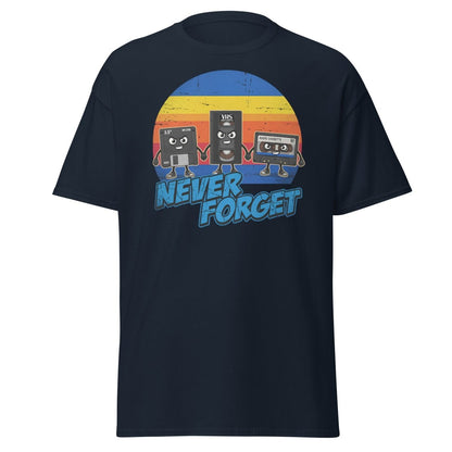 Never Forget 80s Tech T-Shirt - Retro VHS Floppy Disk Tee - Navy - TeeRipple