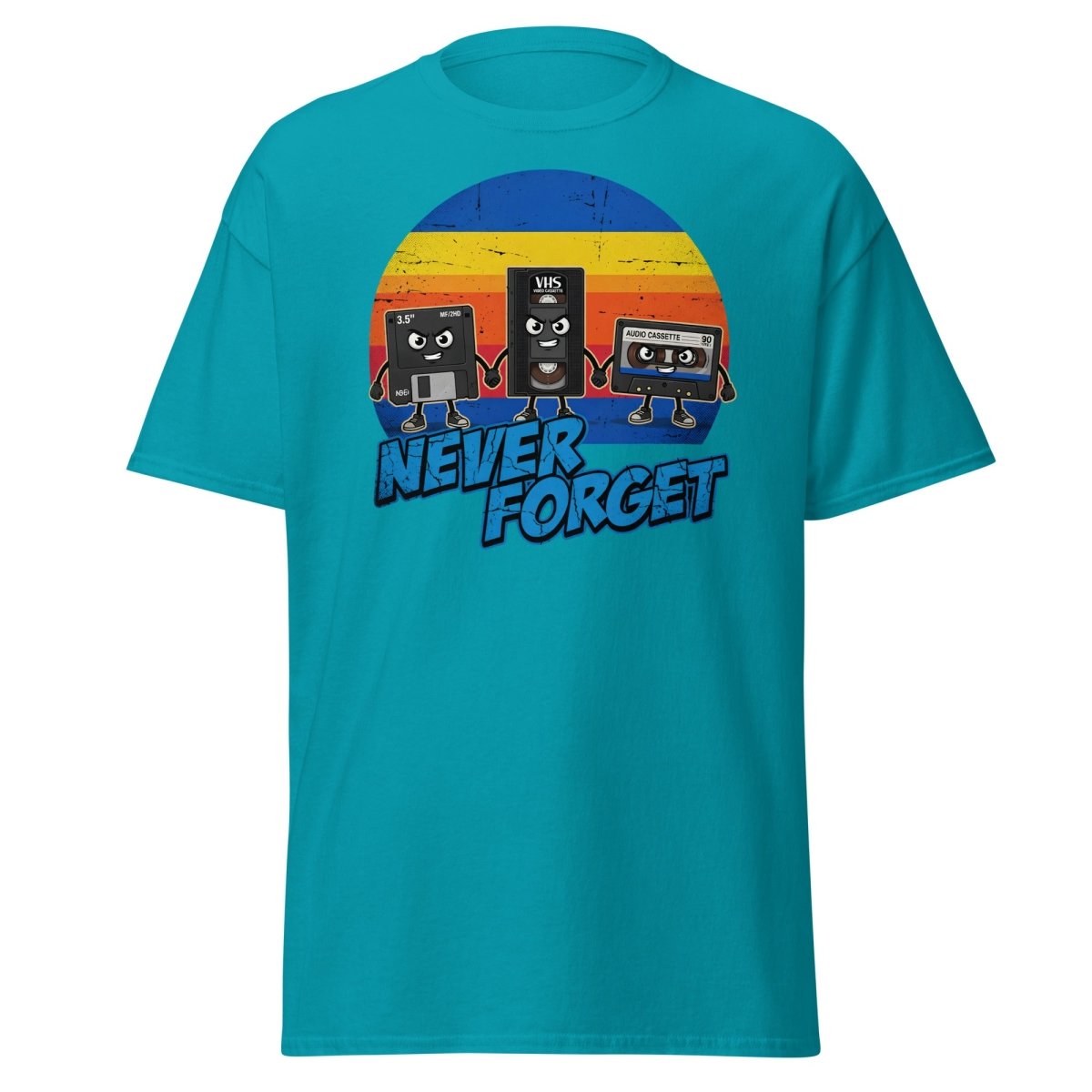 Never Forget 80s Tech T-Shirt - Retro VHS Floppy Disk Tee - Tropical Blue - TeeRipple