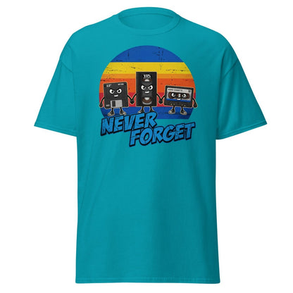 Never Forget 80s Tech T-Shirt - Retro VHS Floppy Disk Tee - Tropical Blue - TeeRipple