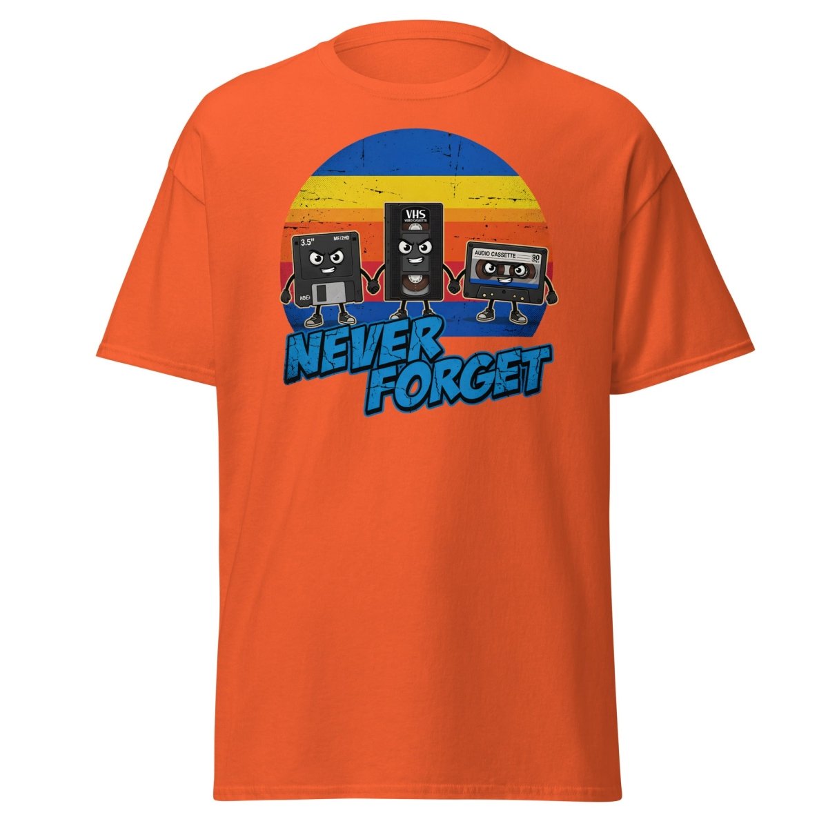 Never Forget 80s Tech T-Shirt - Retro VHS Floppy Disk Tee - Orange - TeeRipple