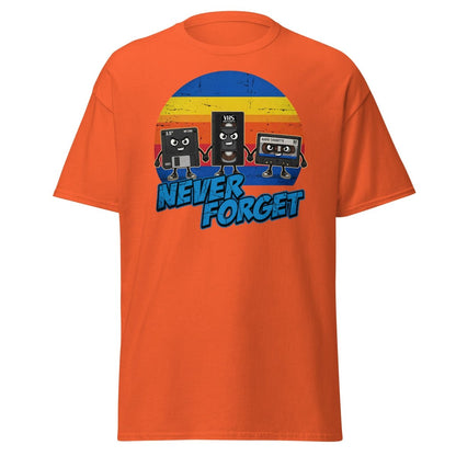 Never Forget 80s Tech T-Shirt - Retro VHS Floppy Disk Tee - Orange - TeeRipple