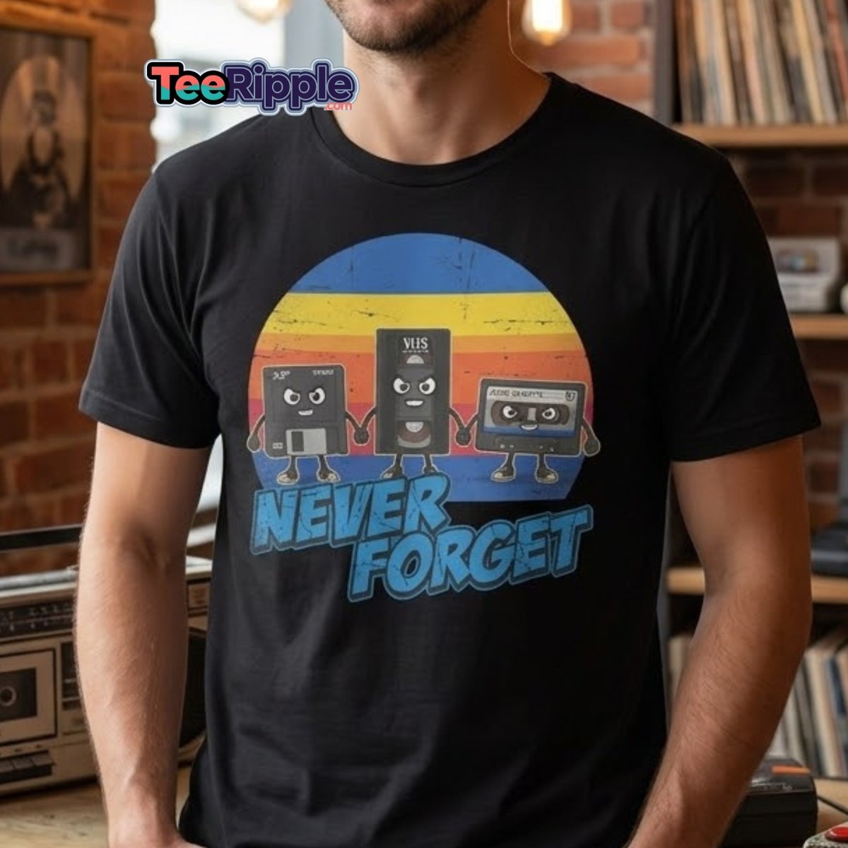 Never Forget 80s Tech T-Shirt - Retro VHS Floppy Disk Tee - Maroon - TeeRipple