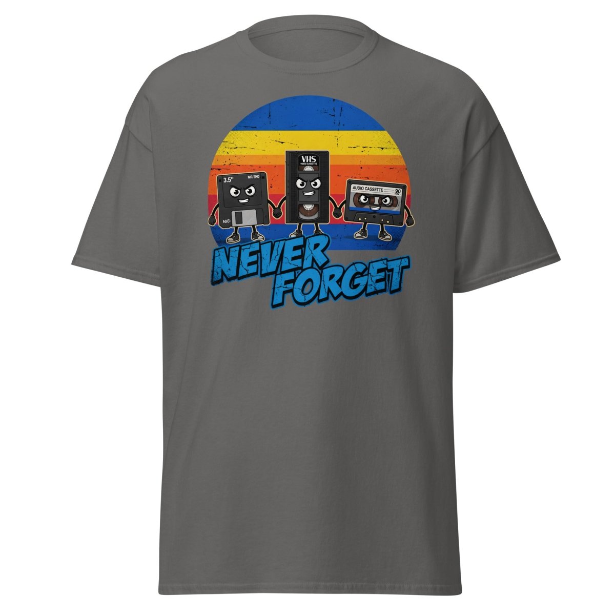 Never Forget 80s Tech T-Shirt - Retro VHS Floppy Disk Tee - Charcoal - TeeRipple