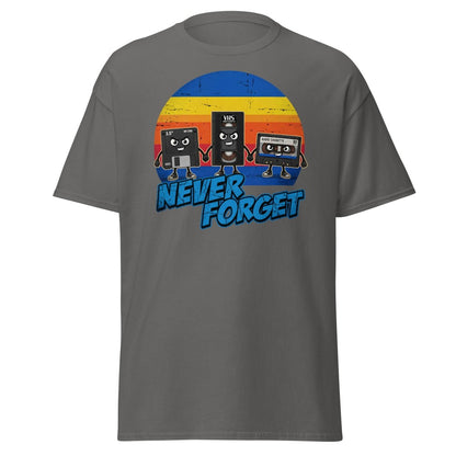 Never Forget 80s Tech T-Shirt - Retro VHS Floppy Disk Tee - Charcoal - TeeRipple