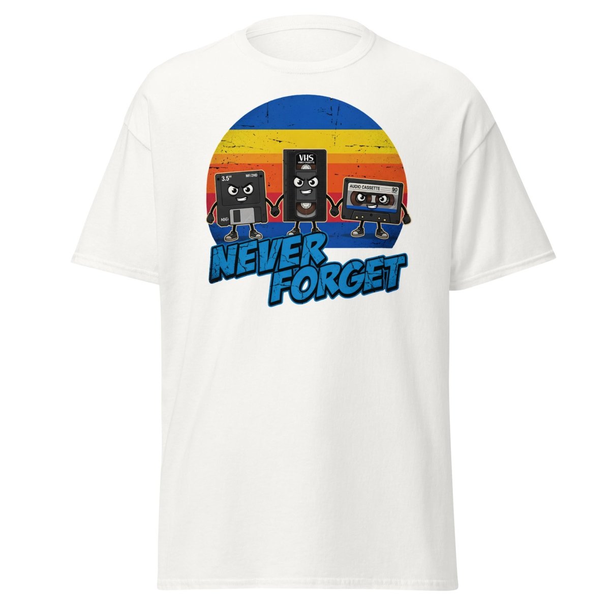 Never Forget 80s Tech T-Shirt - Retro VHS Floppy Disk Tee - White - TeeRipple