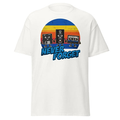 Never Forget 80s Tech T-Shirt - Retro VHS Floppy Disk Tee - White - TeeRipple