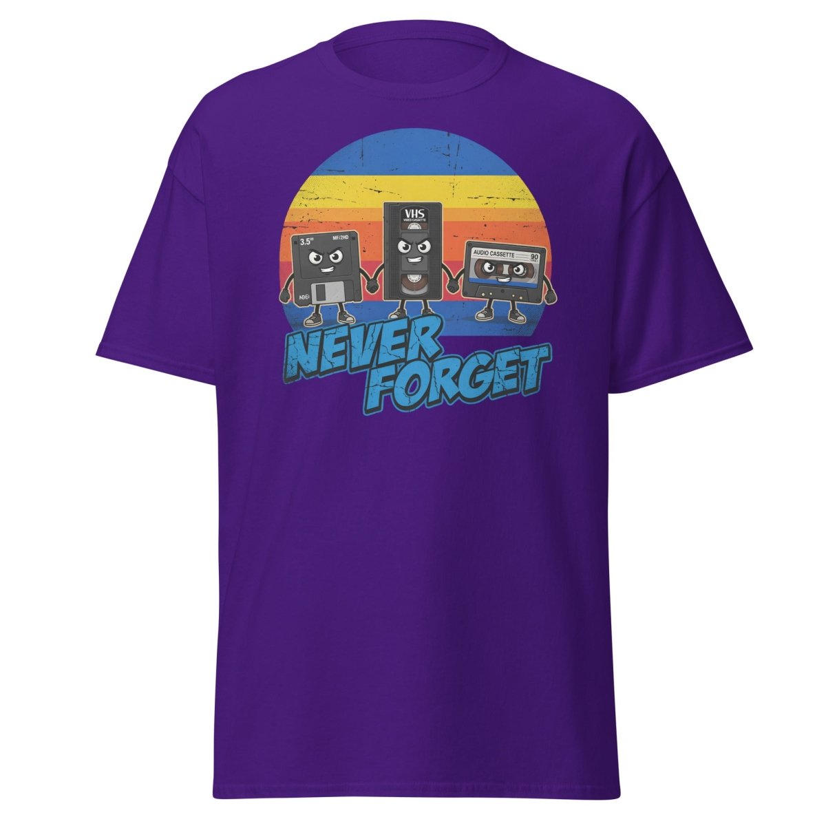 Never Forget 80s Tech T-Shirt - Retro VHS Floppy Disk Tee - Purple - TeeRipple