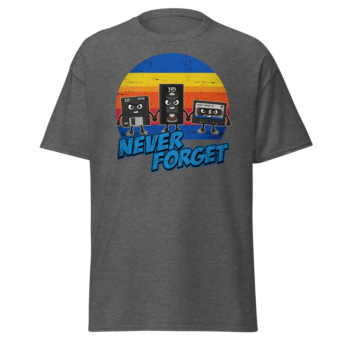 Never Forget 80s Tech T-Shirt - Retro VHS Floppy Disk Tee - Dark Heather - TeeRipple