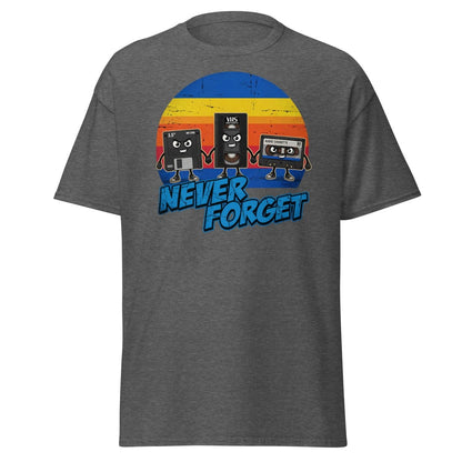 Never Forget 80s Tech T-Shirt - Retro VHS Floppy Disk Tee - Dark Heather - TeeRipple