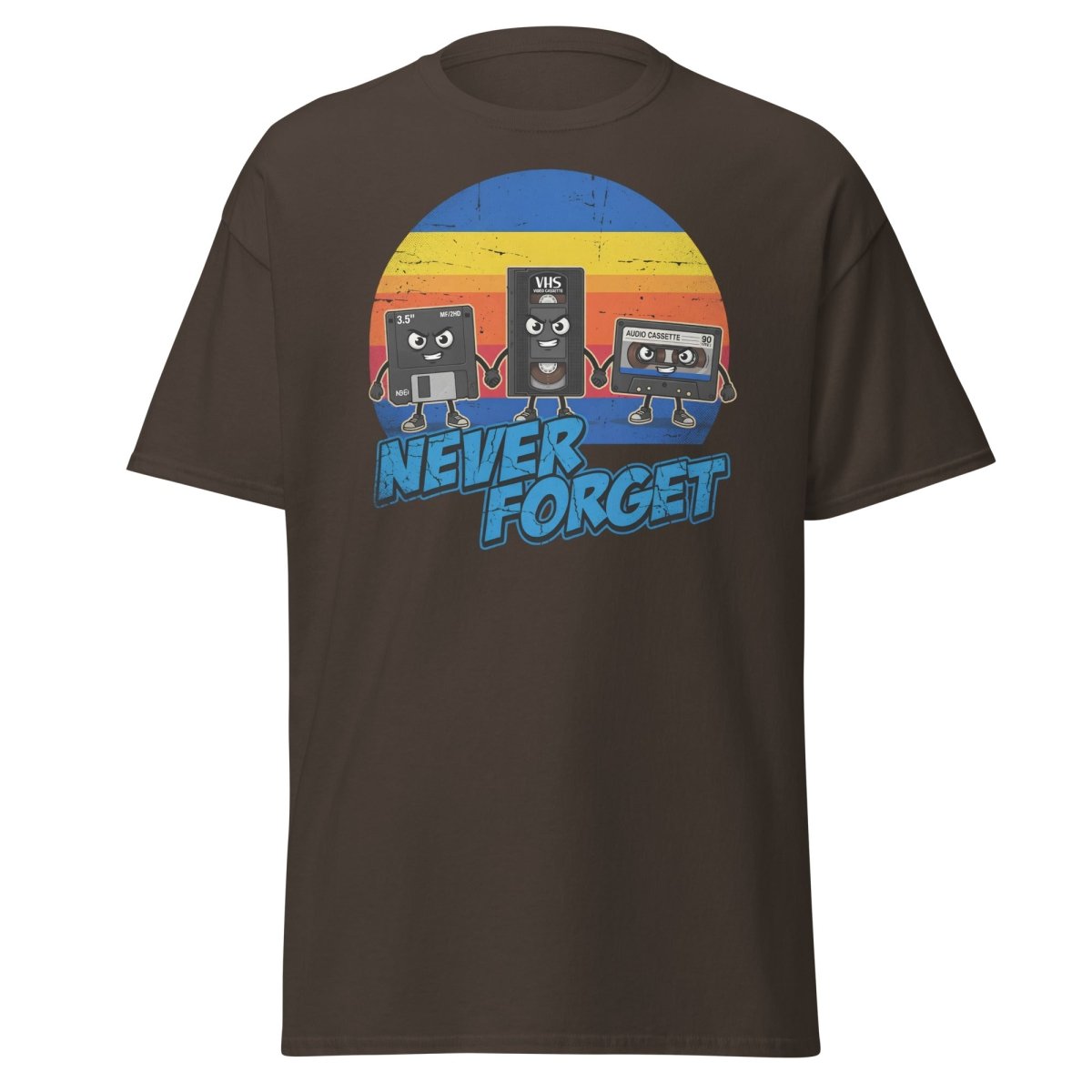 Never Forget 80s Tech T-Shirt - Retro VHS Floppy Disk Tee - Dark Chocolate - TeeRipple