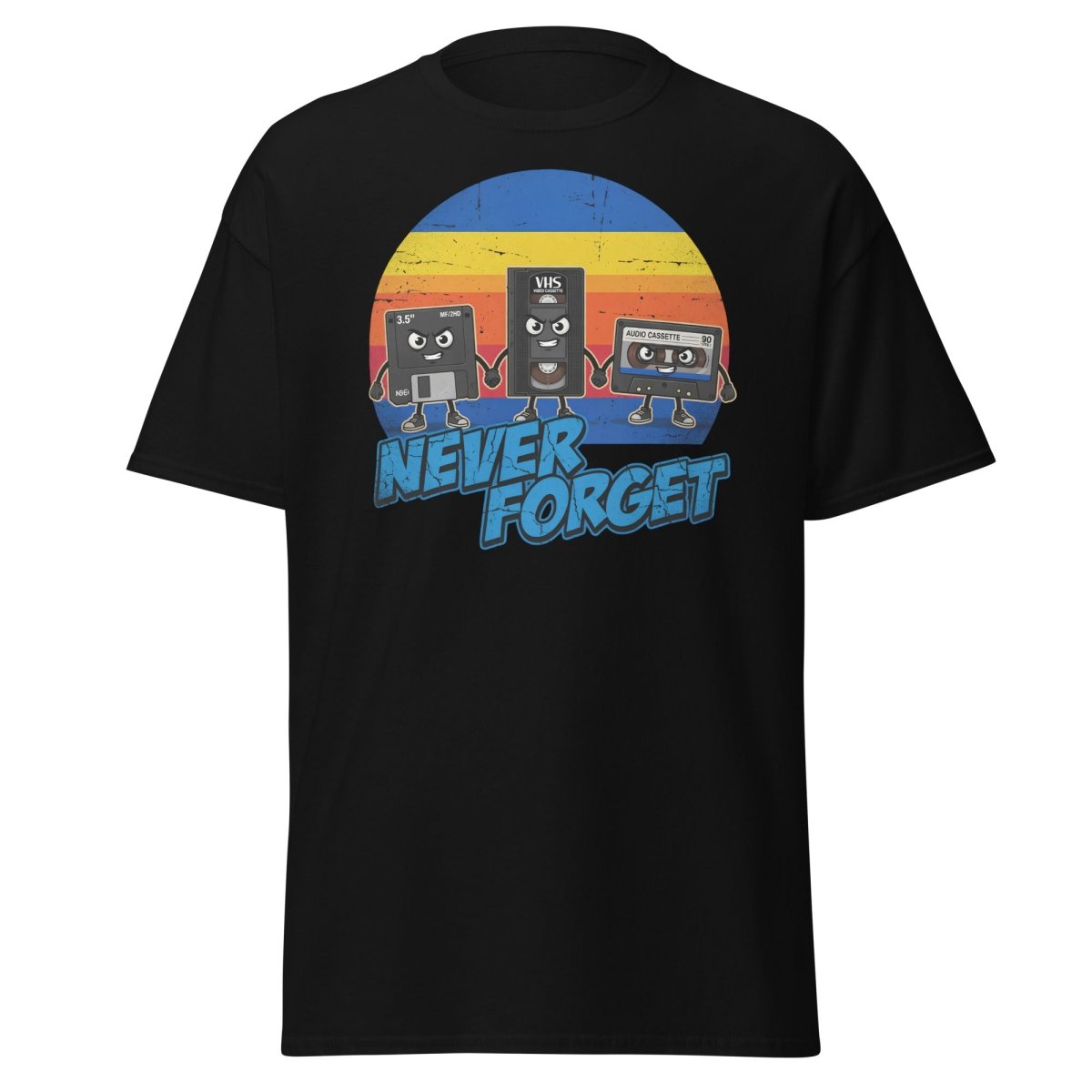Never Forget 80s Tech T-Shirt - Retro VHS Floppy Disk Tee - Black - TeeRipple
