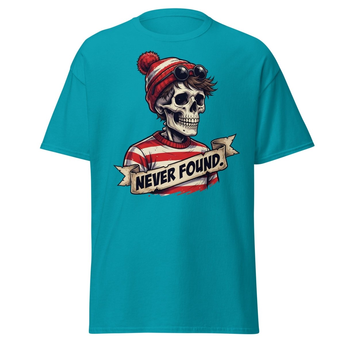 Never Found Skeleton Waldo T-Shirt – Funny Parody Tee - Tropical Blue - TeeRipple