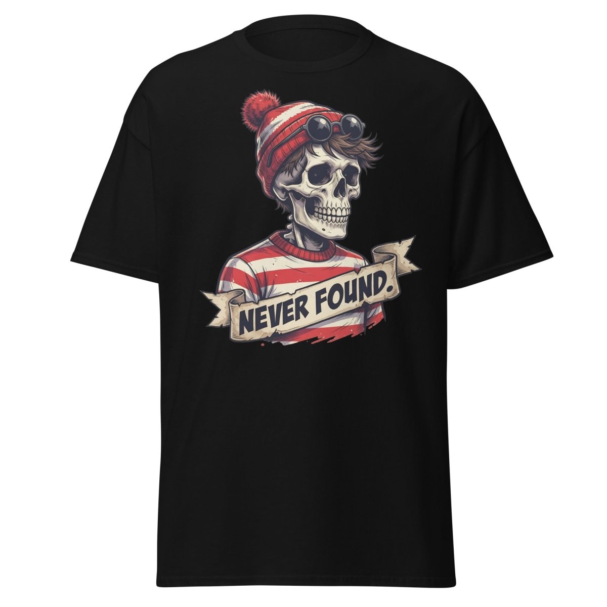 Never Found Skeleton Waldo T-Shirt – Funny Parody Tee - Black - TeeRipple