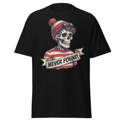Never Found Skeleton Waldo T-Shirt – Funny Parody Tee - Black - TeeRipple