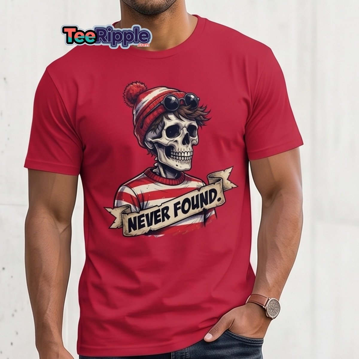 Never Found Skeleton Waldo T-Shirt – Funny Parody Tee - Maroon - TeeRipple