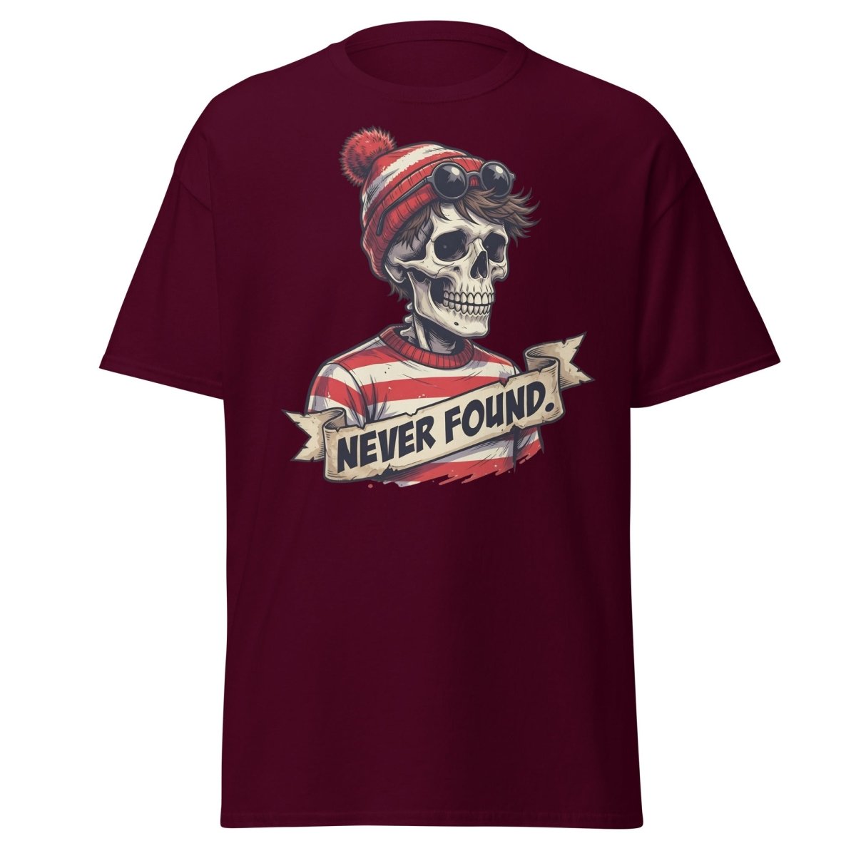 Never Found Skeleton Waldo T-Shirt – Funny Parody Tee - Maroon - TeeRipple