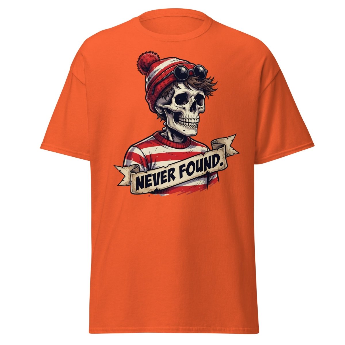 Never Found Skeleton Waldo T-Shirt – Funny Parody Tee - Orange - TeeRipple