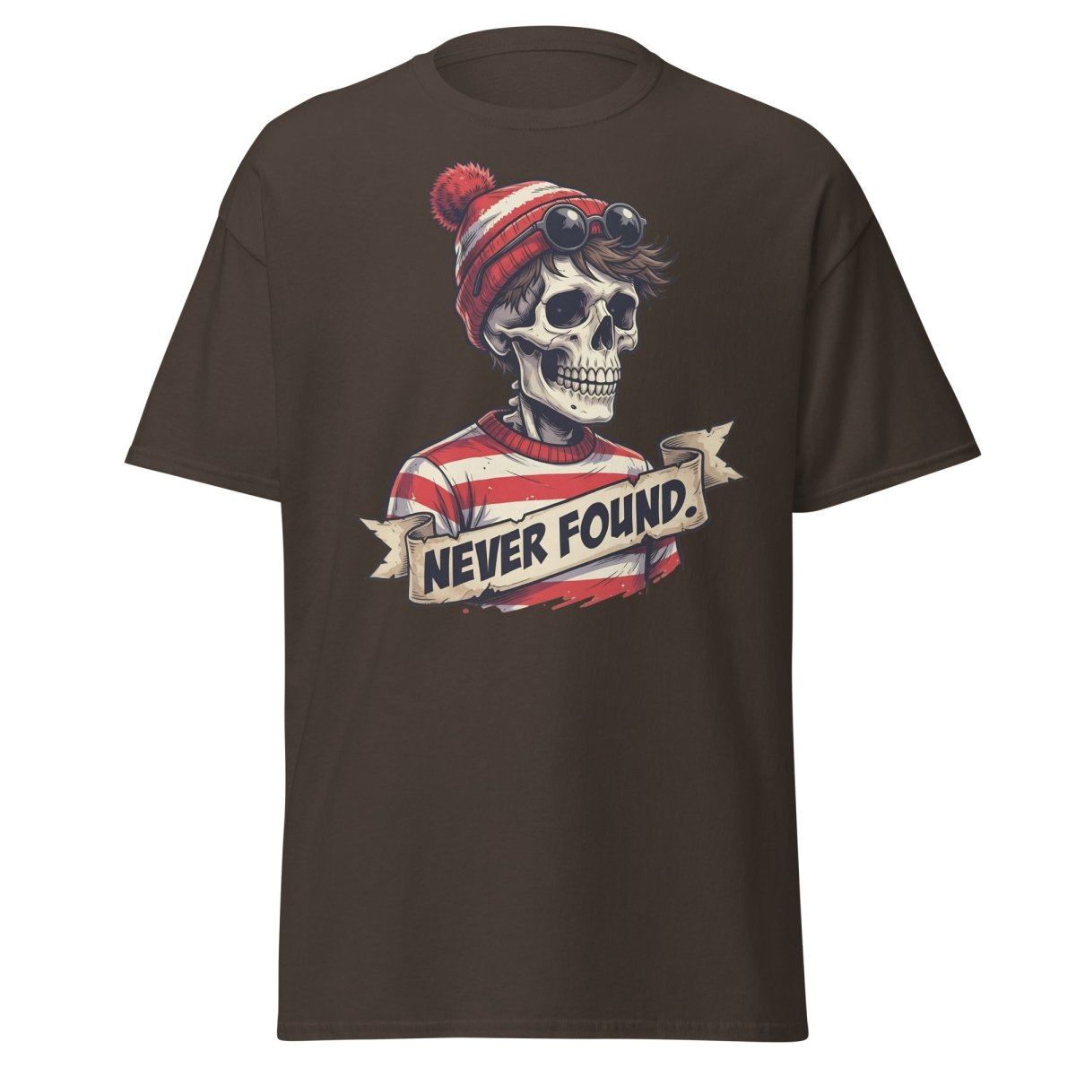Never Found Skeleton Waldo T-Shirt – Funny Parody Tee - Dark Chocolate - TeeRipple