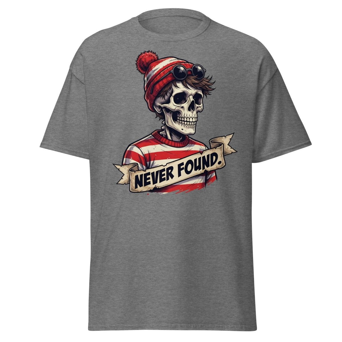 Never Found Skeleton Waldo T-Shirt – Funny Parody Tee - Graphite Heather - TeeRipple
