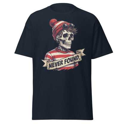 Never Found Skeleton Waldo T-Shirt – Funny Parody Tee - Navy - TeeRipple