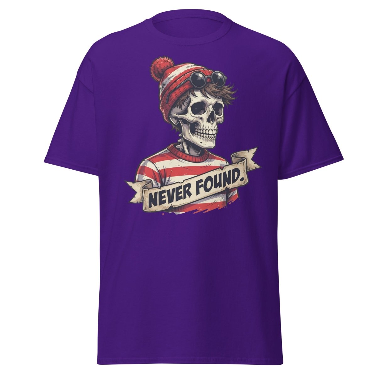 Never Found Skeleton Waldo T-Shirt – Funny Parody Tee - Purple - TeeRipple