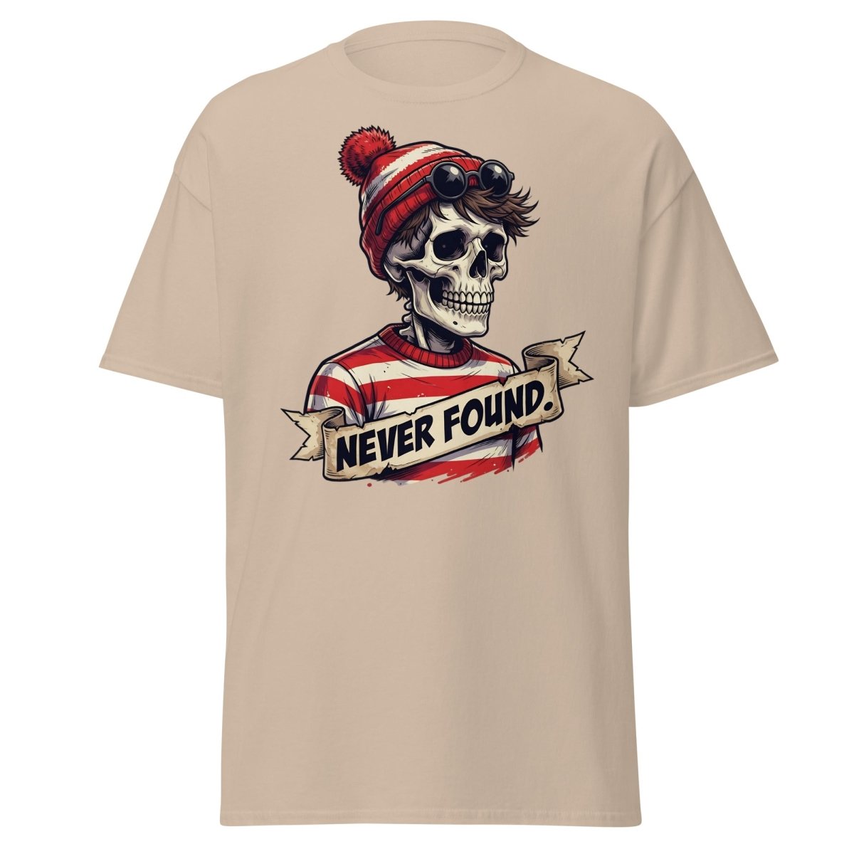 Never Found Skeleton Waldo T-Shirt – Funny Parody Tee - Sand - TeeRipple