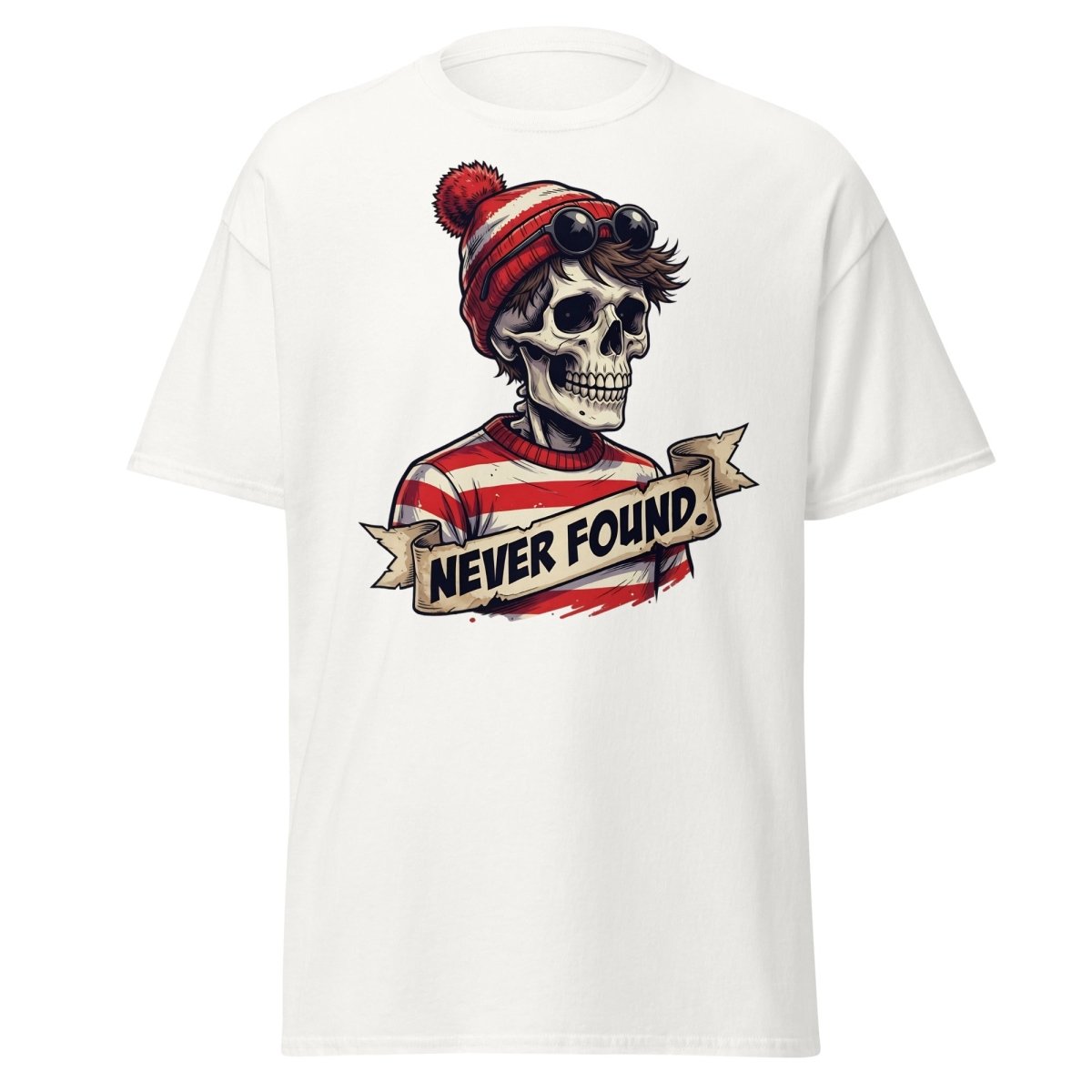 Never Found Skeleton Waldo T-Shirt – Funny Parody Tee - White - TeeRipple