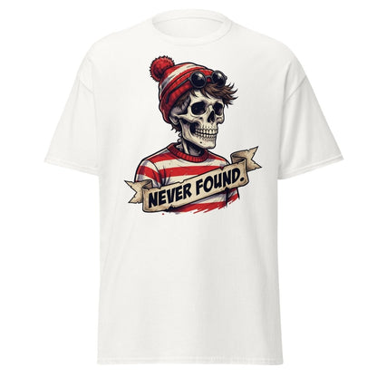 Never Found Skeleton Waldo T-Shirt – Funny Parody Tee - White - TeeRipple