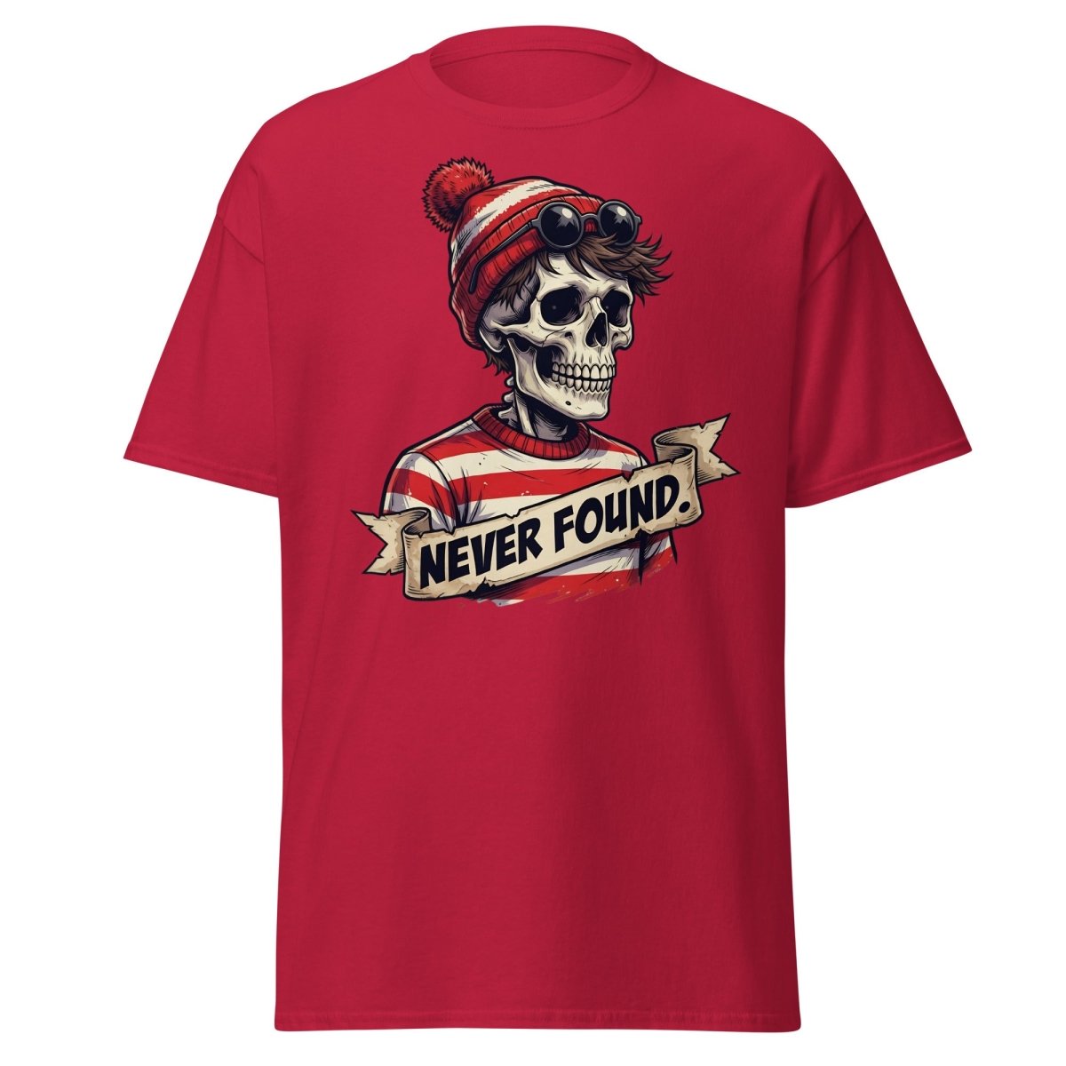 Never Found Skeleton Waldo T-Shirt – Funny Parody Tee - Cardinal - TeeRipple