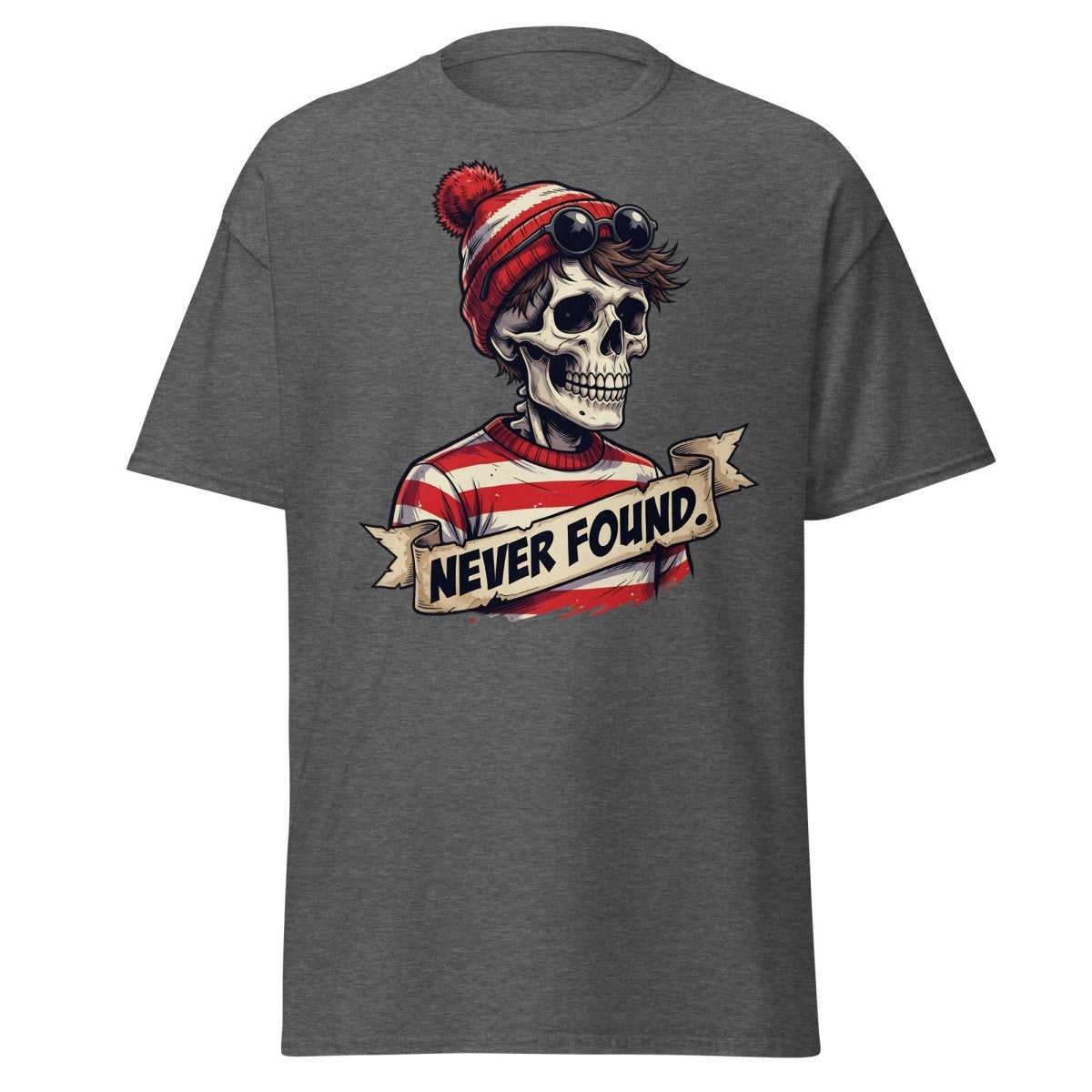 Never Found Skeleton Waldo T-Shirt – Funny Parody Tee - Dark Heather - TeeRipple