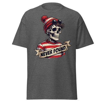 Never Found Skeleton Waldo T-Shirt – Funny Parody Tee - Dark Heather - TeeRipple