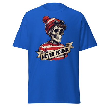 Never Found Skeleton Waldo T-Shirt – Funny Parody Tee - Royal - TeeRipple