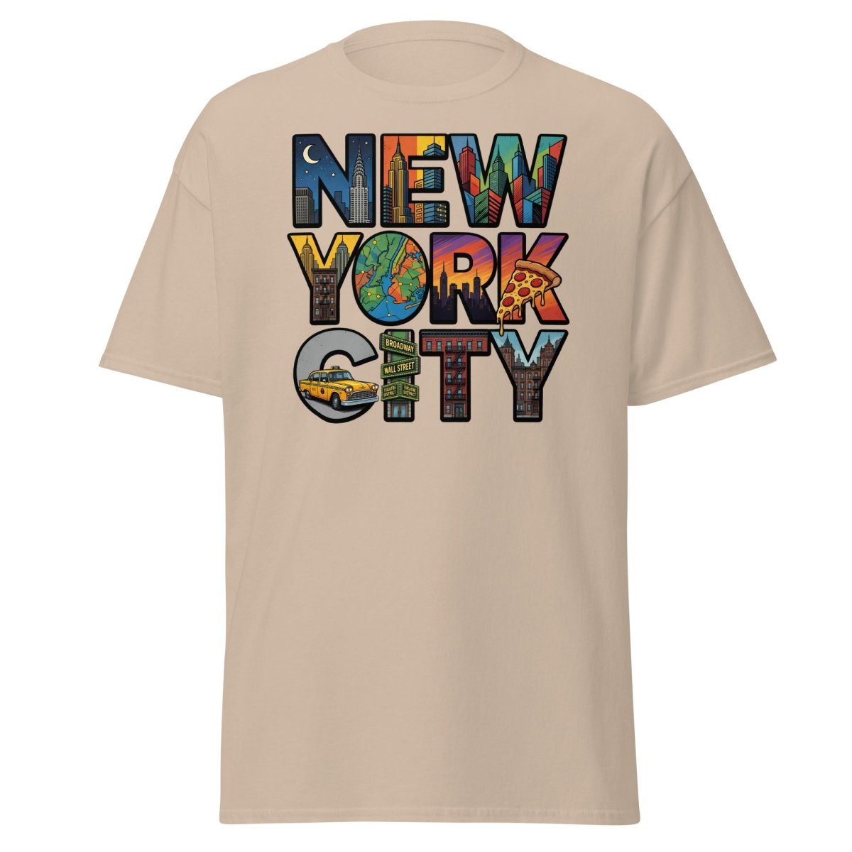 New York City Skyline Comic T-Shirt – Retro NYC Graphic Tee - Sand - TeeRipple