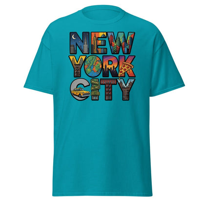 New York City Skyline Comic T-Shirt – Retro NYC Graphic Tee - Tropical Blue - TeeRipple