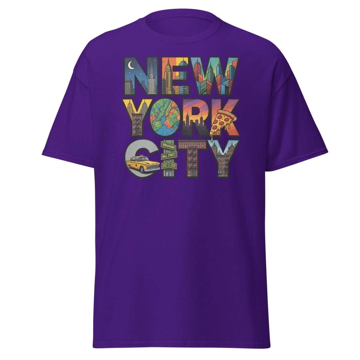 New York City Skyline Comic T-Shirt – Retro NYC Graphic Tee - Purple - TeeRipple