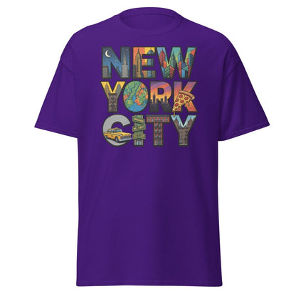 New York City Skyline Comic T-Shirt – Retro NYC Graphic Tee - Purple - TeeRipple