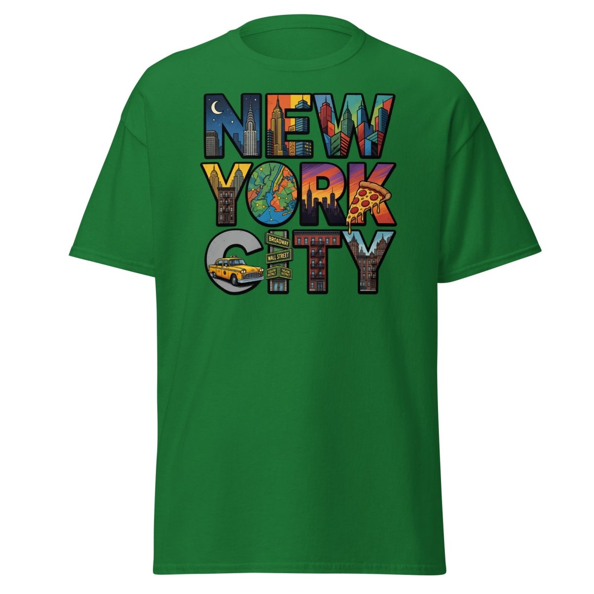 New York City Skyline Comic T-Shirt – Retro NYC Graphic Tee - Turf Green - TeeRipple