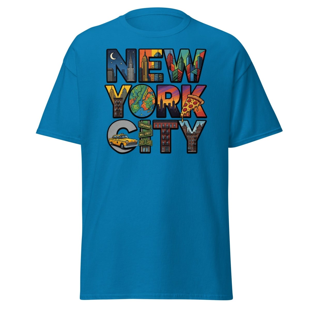 New York City Skyline Comic T-Shirt – Retro NYC Graphic Tee - Sapphire - TeeRipple