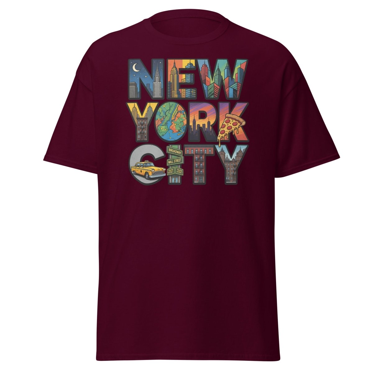New York City Skyline Comic T-Shirt – Retro NYC Graphic Tee - Maroon - TeeRipple