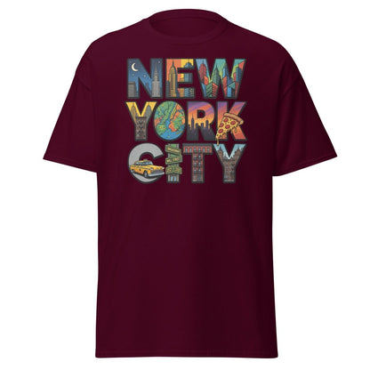 New York City Skyline Comic T-Shirt – Retro NYC Graphic Tee - Maroon - TeeRipple