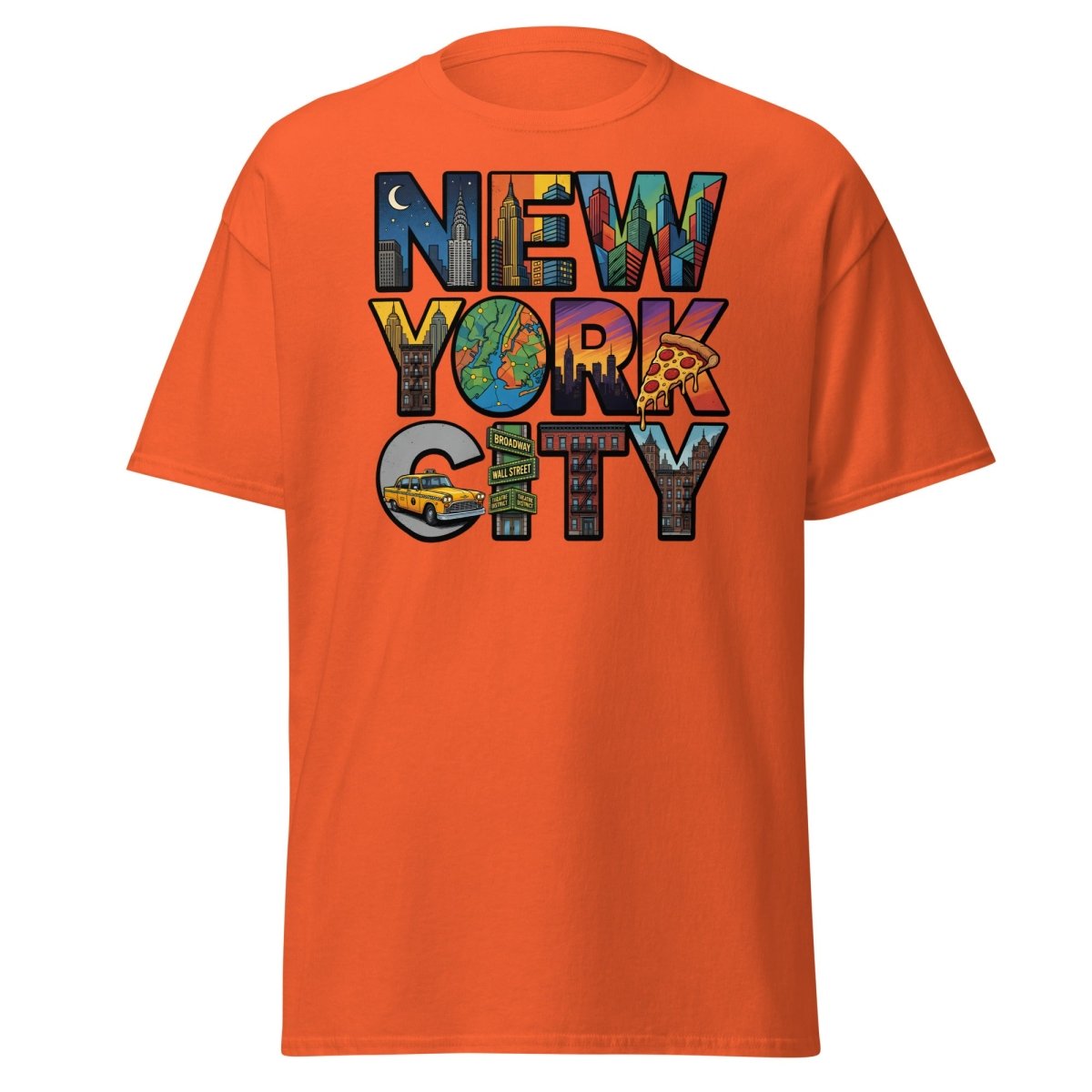 New York City Skyline Comic T-Shirt – Retro NYC Graphic Tee - Orange - TeeRipple