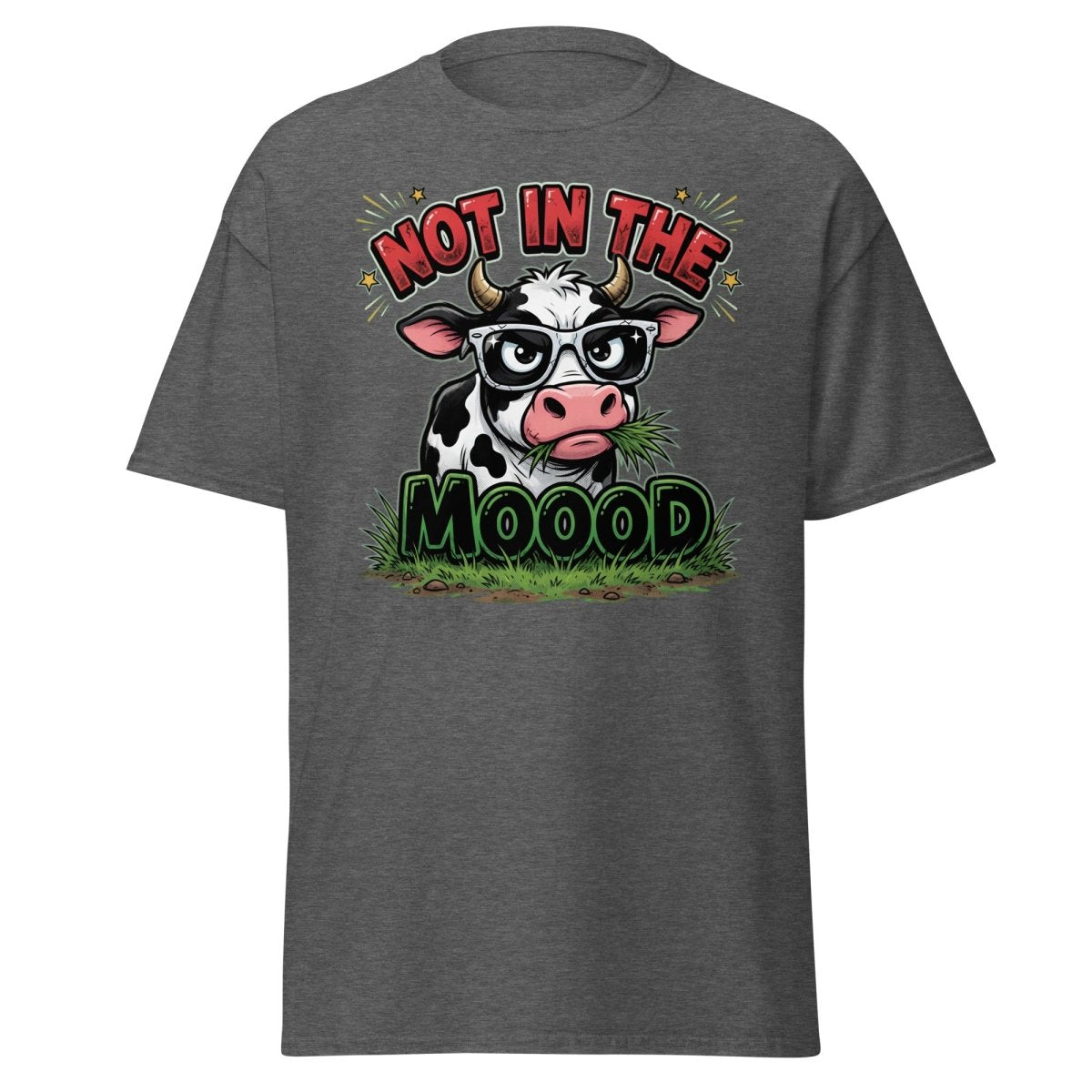 Not In The Mooood Grumpy Cow T-Shirt - Dark Heather - TeeRipple
