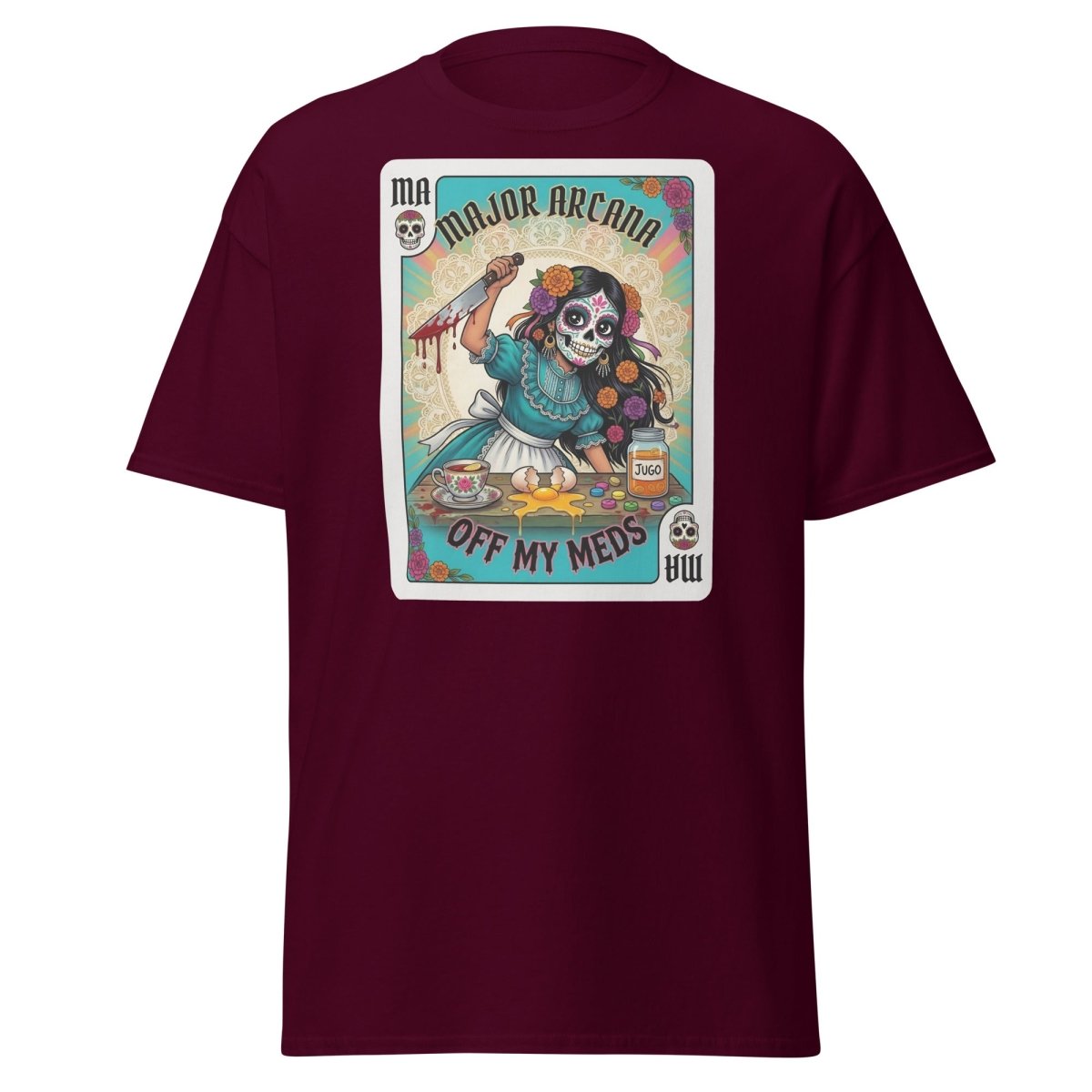 Off My Meds Major Arcana Tarot Card T-Shirt - Maroon - TeeRipple