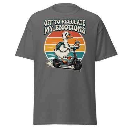 Off To Regulate My Emotions Duck Scooter T-Shirt - Charcoal - TeeRipple
