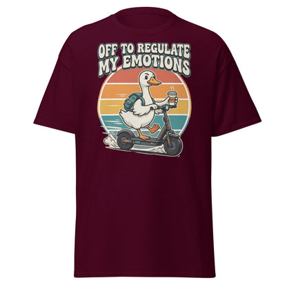 Off To Regulate My Emotions Duck Scooter T-Shirt - Maroon - TeeRipple