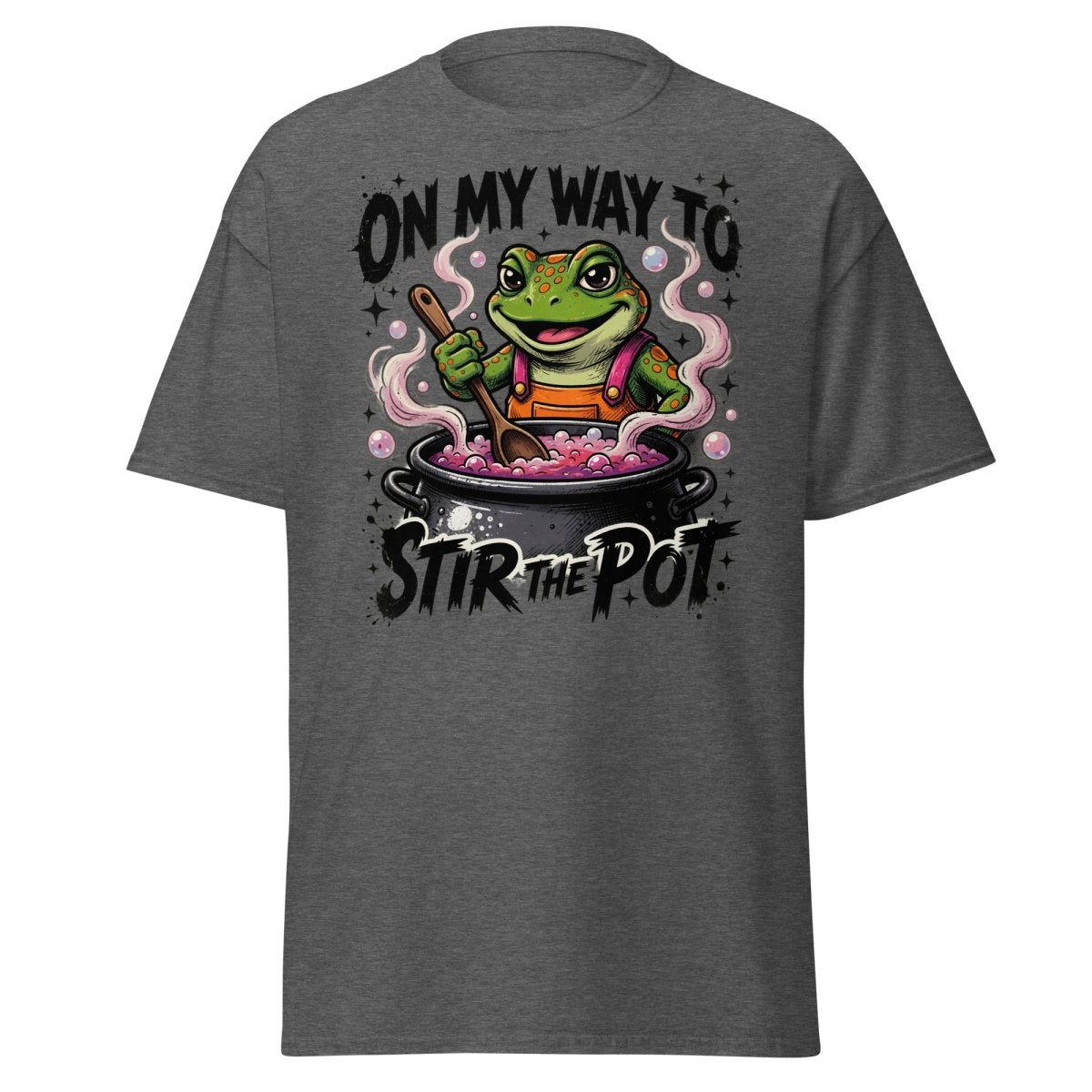 On My Way To Stir The Pot Frog T-Shirt | Funny Sarcastic Tee - Dark Heather - TeeRipple